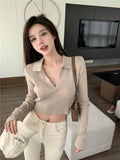 Polo Collar Long-Sleeved T-Shirt Design Short Spring And Autumn New Sexy Hot Umbilly Blouse Thread