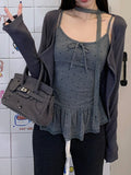 Sweet Style Long-Sleeved Shirt Coat Women's New Autumn With Wave Dot Lace Side Sling Two Sets Of Tops