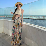 Dopamine Graffiti-Print Wide-Legged Trousers Women's Summer Seaside Wearing High-Waisted Beach Skirts With Open-Forked Colored Trousers