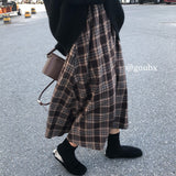 Temperament Skirt Mid-Dressed Autumn And Winter 2025 New Brown Lattice Half-Body A-Dress Woman High-Waist Retro Temperament