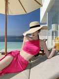 Summer Beautiful Wearing Suit Seaside Vacation Rose Red Shoulder Bra Small Vest Open Skirt Two-Piece Dress