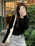 Autumn Long-Sleeved T-Shirt Women Thin Bottom Shirt Drawstrings In The Bottom Shirt Slim Slimy Irregular Sweet Spicy Top