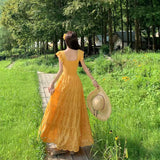 Xinjiang Yunnan Tourism Seaside Holiday Yellow Long V Collar Small Flying Sleeves To Close The Waist Dress French Retro Dress