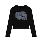 Sweet Spice Girls Letters Cowboy Sticker Long-Sleeved T-Shirt Women's Autumn Dress Short Jazz Jazz Caught