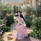 French Sweet Romantic Style Word Shoulder Floral Dress Women's Summer Resort Style Bag Fishtail Dress Set