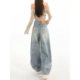 High-Rise Water Wash Blue Scissors Jeans Women Autumn And Winter Retro Embroidery Design Loose Thin Leggings