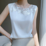 Silk Satin 2026 Spring And Summer New Women's Rounded Sleeveless Vest T-Shirt Mesh Spliced Tops And Bottom Shirts