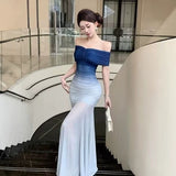 One-Word Shoulder Blue Gradient Tset-Mear Dress High-End Feel Waist-Buffed Fishtail Seaside Holiday Dress