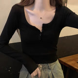 Half-Necked Hottie T-Shirt Women's Bottom Shirt Autumn New 2026 White Thread Button Long-Sleeved Top