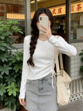 Autumn Long-Sleeved T-Shirt Women Thin Bottom Shirt Drawstrings With Bottom Shirt Slim Slim Thin Short Top