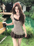 Large-Size Fat MM French Retro Lace Splicing Sling T-Shirt For Women's Summer New High-Rise Slimming Skirt Set