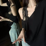 Pure-Want-Style Thin Loose White V-Neck Short-Sleeved T-Shirt For Women's Summer Lace In A Vest Top Folded Two Sets