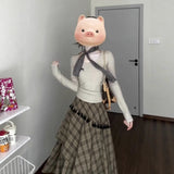 Autumn And Winter Three-Piece Suit Suit Jacket Girl Small Man Top + Tuxedo Lattice Skirt + Set Long-Sleeved T-Shirt