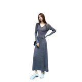 Korean Gray Shawl V-Necked Long-Sleeved Dress Women's New Bag-Groomed And Long-Sleeved Dress In Spring And Autumn Winter