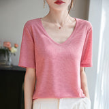 Lyselle Tiansi 2026 Spring And Summer Women's New Short-Sleeved V-Neck Solid Color T-Shirt Short-Sleeved Sleeves Comfortable T-Shirt