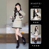 Small Fragrant Suit Women's Spring And Autumn Qigong Faded Bow Tie With Short Coat Skirt Two Sets