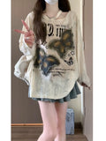 Embroidery Butterfly Waste Soil Wind Long-Sleeved T-Shirts For Spring And Autumn Loose Lazy Hole Vintage Pure Want To Show The Shoulder Hottie Shirt
