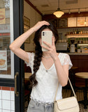 Purely Want Bm Style White Lace V-Neck Short-Sleeved T-Shirt Girl Spring And Summer 2026 New Hot Girl Repair With A Short Top