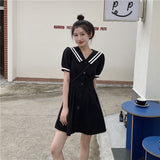 Navy Collar Dress Women's Summer Loose Long And Short Waists Thin A-Word Dress Retro Bubble Sleeves Small Black Dress
