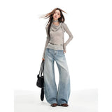 Tall Man Lengthened High-Rise Retro Blue Broad-Legged Jeans Woman Thin Loose-Hanging Long Pants