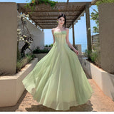 Vietnamese Minority French Holiday Style Light Green Sling Dress Women Summer Waist Thin Fairy Gas Big Swing Dress