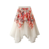 Dress Court Print Irregular Net Yarn Skirt Dress Temperament Fairy Dress Mid-Length Skirt Sweet 1503