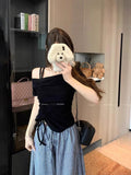 Design-Sense Collared Bare Shoulder Drawstring Top Women's Summer New Slimming Niche Small Collection Thin Short-Sleeved T-Shirt