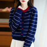 100% Pure Wool 2026 Autumn And Winter New Women's Loose Round-Collar Striped Buckle Knitted Open Shirt Coat