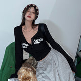 Spice Girls Sexy Pit Strip Bottoming Shirt In Trend Letter V Collar Slimming Long-Sleeved Umbilical Tops Girl Spring