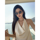 Old Money Style Lazy And Relaxed Holiday Wearing A Female Summer Hanging Neck On The Back Of The High Waist Broad Leg Trousers Two Sets