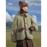Green-Collared Lamb Plush Short Coat Women 2025 Autumn And Winter New Design Sense Loose Casual Jacket Top