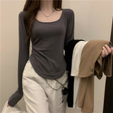 Long-Sleeved T-Shirts For Girls Spring And Autumn New Tide In Irregular Students Leisure Short Top Girl Bottom Shirt