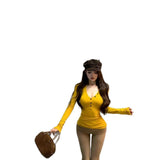 Yellow Babes V Collar Long-Sleeved T-Shirt Girls Spring Waist Repair In The Pure Desire To Show Body Bottom Shirt Top