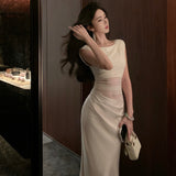 Net Yarn Denight Spliced Oblique Shoulder Dress Femininity Slime-Skinny Ass Vacation High-End Sling Skirt