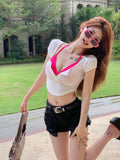 Irregular White Short-Sleeved T-Shirt Girl Summer Tight Sexy Short Slimming Square Collar Open Umbilion Hottie Top
