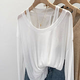 Lazy Sleeveless Sleeveless Vest Long-Sleeved T-Shirt Two Sets Of Women's Spring And Summer New Design Sunscreen Shirt