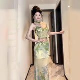 Vintage Style 2025 Summer Chinese Top Dress Set Print Sling Temperament Half-Dressed In Two Sets
