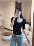 Spice Girl Collar Gold Button Clasp Five-Sleeved T-Shirt Girl Summer New Temperament Slimming Design Top