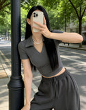 Spice Girls Slime V-Neck Short-Sleeved T-Shirt For Girls Summer Design Collar Short-Lens Thin Black Bottom Top Tide