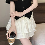 Summer Dress New Large-Size Fat Mm Female Pure Lust Lace Spliced Short-Sleeved Top Cut-Down Cake Skirt College Style Two Sets