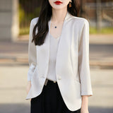 Silk Satin Small Suit Women's Summer Thin Solid Seven-Sleeve Tops Fashion Casual Outside With A Suit Of Clothes