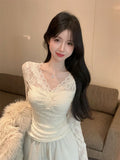 Purely Sexual Lace Lace Collar Hollow Top Women Spring And Autumn New Design Repair Inside The Long-Sleeved T-Shirt