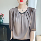 Silk Satin 2026 Spring And Summer Women's New Short Round Lead The National Wind Buckle Half-Sleeve Five-Sleeve Shirt