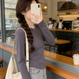 Long-Sleeved T-Shirt Girl Spring And Autumn New Hottie Design With Irregular Bottom Shirt Straight Shoulder Collar Top