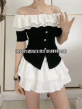 French One-Word Shoulder-Sleeve T-Shirt Women's Summer 2025 New Lotus Leaf Design Slimming Chic Top