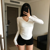 V-Necked Bottom-Up Women 2026 Autumn New Pure Tea Art White Irregular Long-Sleeved T-Shirt Short Shirt