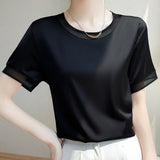 Silk Satin 2026 Spring And Summer Women's New Short Loose Round-Collar Color Mesh Yarn Short-Sleeved T-Shirt Temperament Thin Top