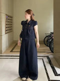 Korean Vintage Little Denim Set Of Female Lapel Clasp Blouse With High-Waist Straight Broad Leg Pants Two Sets