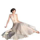 Gentle Wind Romantic Sleeveless V-Neck Hanging Neck Dress Design Twistle Folds To The Waist Dress Seaside Skirt