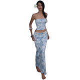 Seaside Photo Pure Desire Gentle Holiday Style Blue Tie Print Brate Vest High Waist Half-Dress Skirt Two Sets
